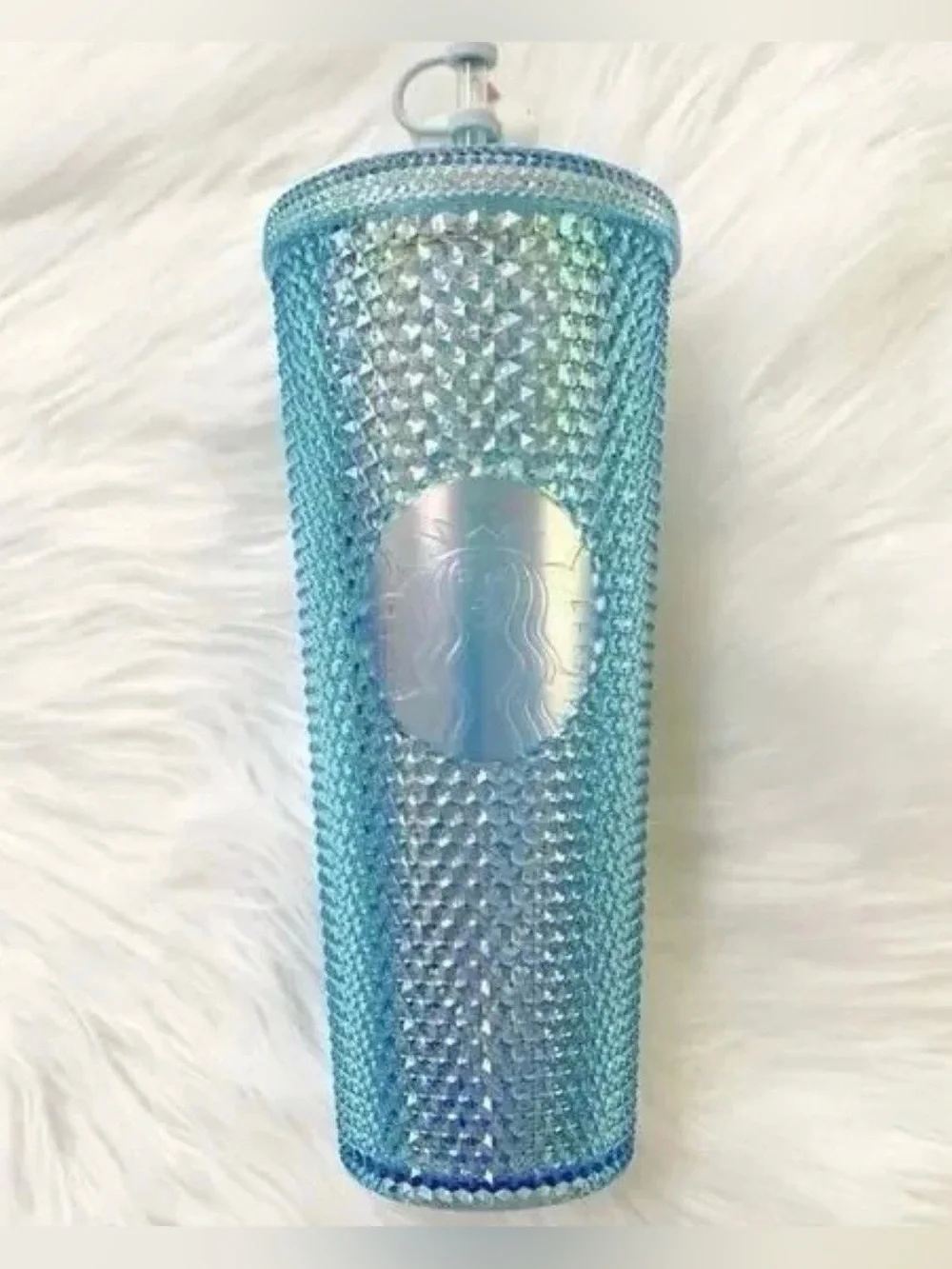 NWT Starbucks China Blue Iridescent Studded Tumbler 24oz Venti Cup Bunny Topper